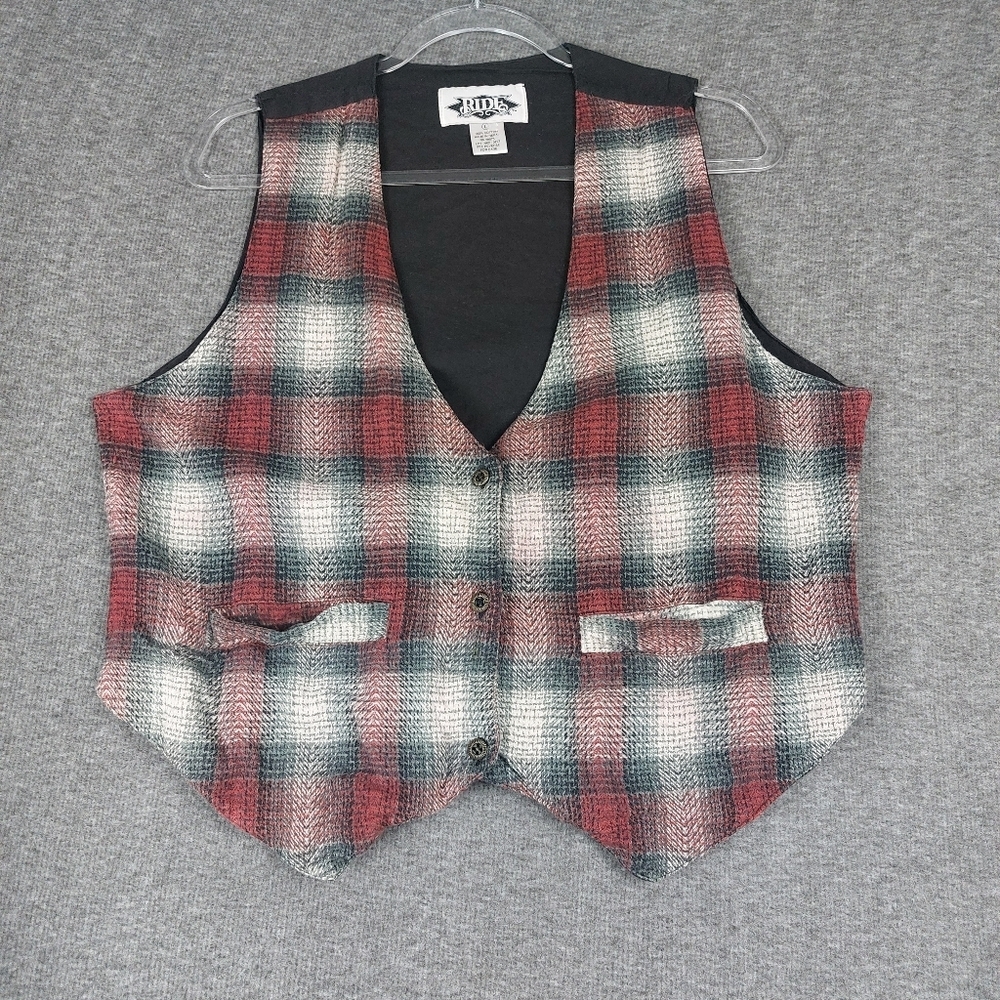 RIDE WOMENS VINTAGE RED PLAID BUTTON FRONT TIE BACK VEST SIZE LARGE